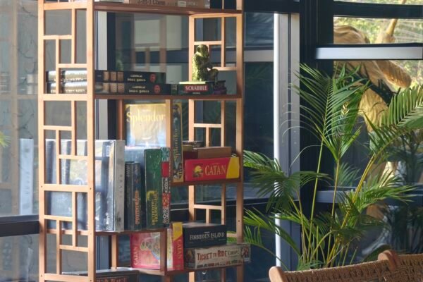 Wooden shelf filled with board games and a decorative monkey statue